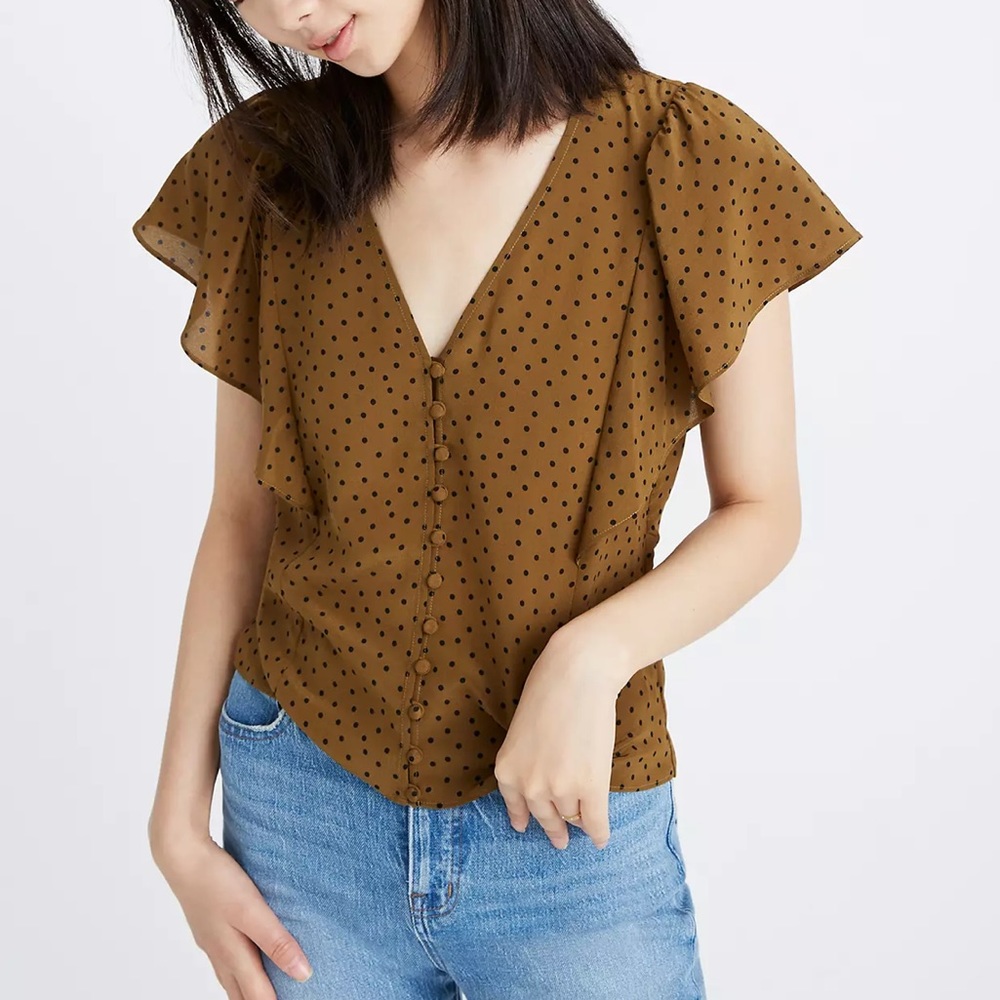 Silk Carmelina Flutter-Sleeve Top in Polka Dot